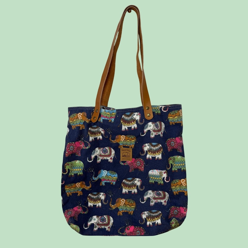 Handmade Thailand Elephant Canvas Tote Bag Navy Blue Leather Straps Boho Shopper